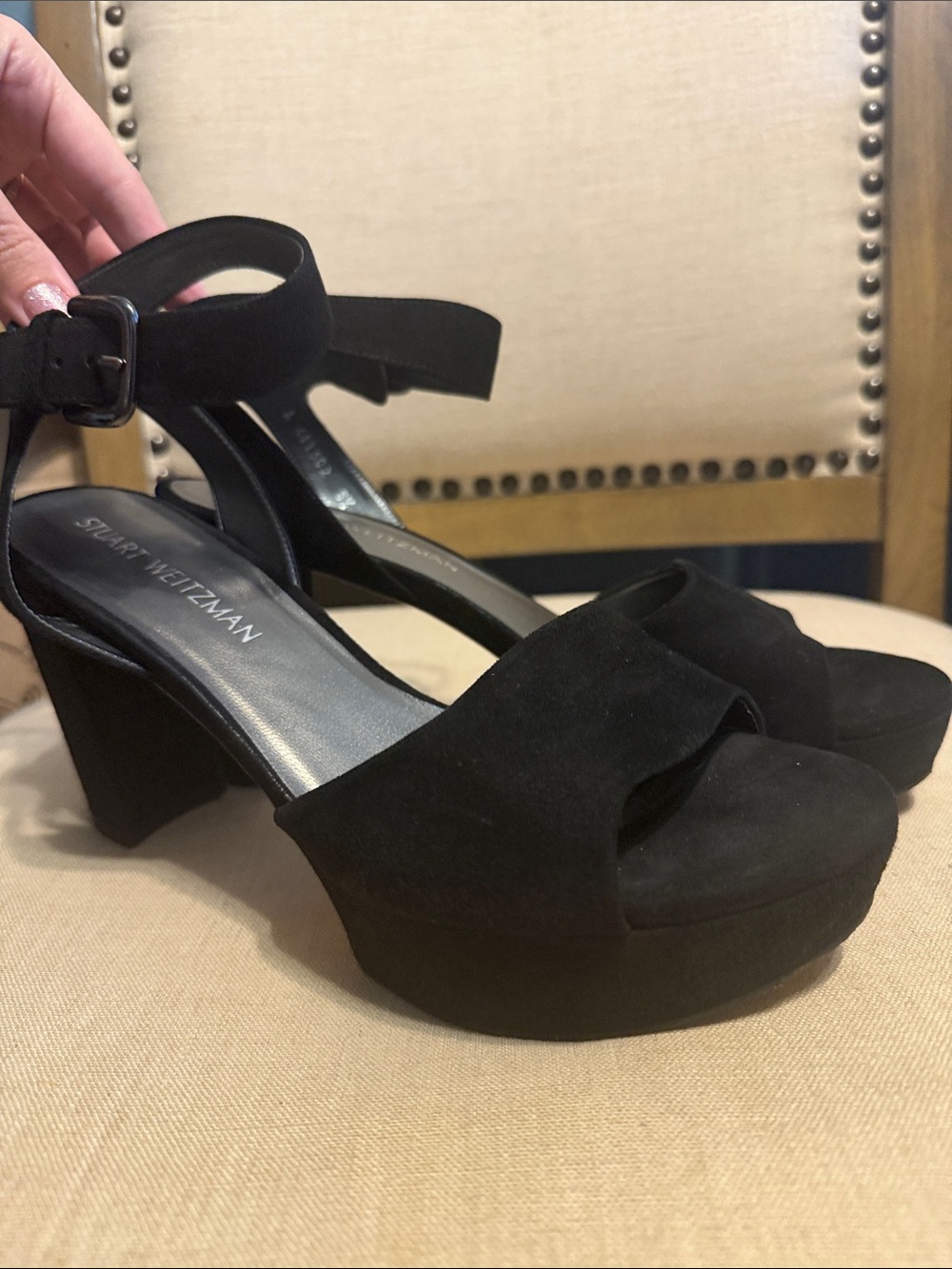 Stuart Weitzman Black Suede Platform Sandals, Size 8.5 M
